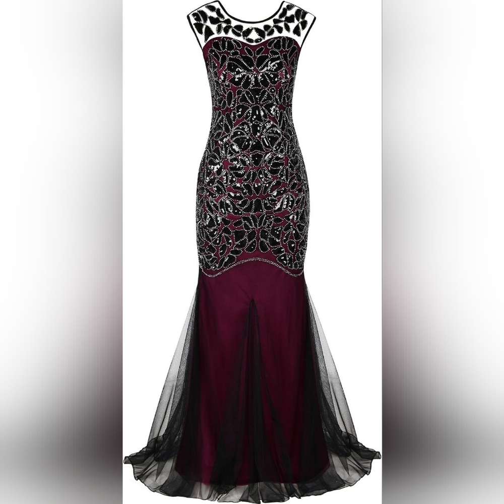 1920s Flapper Style Beaded Maxi Dress Black & Burgandy Prom Gatsby Dress size 4